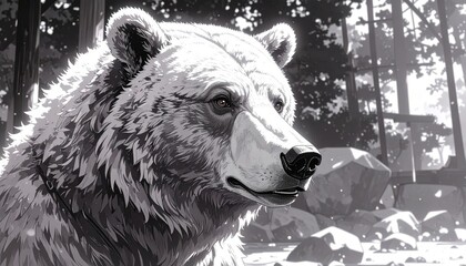 Monochromatic bear portrait with textured fur, depicted against a serene forest backdrop.