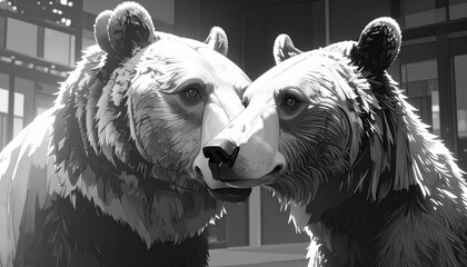 Monochromatic illustration of two bears leaning their heads together in friendship.