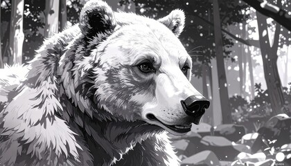 Monochromatic illustration of a majestic bear gazing in a bright, airy forest scene.