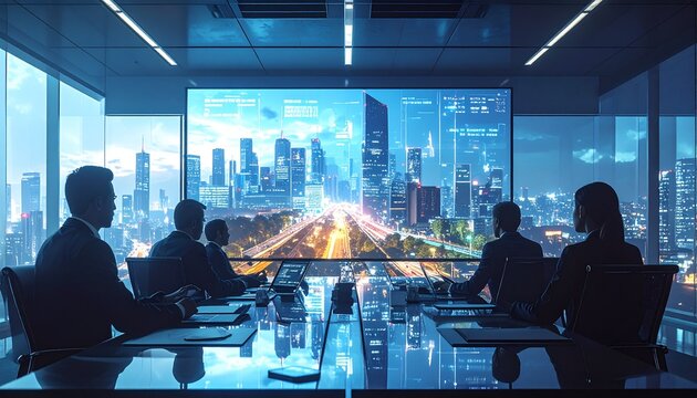 Digital twin of a city projected in a corporate boardroom, executives analyzing in real time