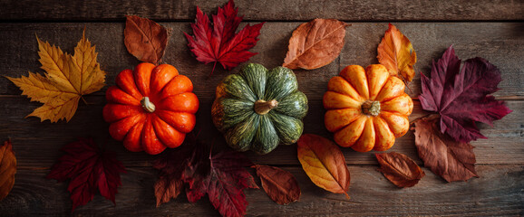 Fototapeta premium A vibrant autumn arrangement featuring three pumpkins in varying colors surrounded by colorful fallen leaves on a rustic wooden surface, ideal for seasonal decor or harvest themes