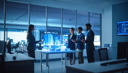 Team of professionals collaborating around a 3D holographic model of a building