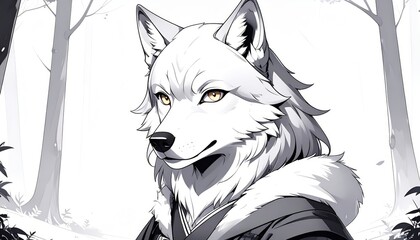 Monochromatic wolf character in forest with striking yellow eyes and serene gaze.