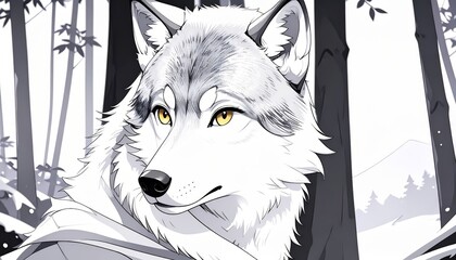 Monochromatic wolf illustration with golden eyes standing in a snowy forest scene.