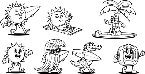 Fototapeta premium Cartoon Sun, Palm Tree, Wave, Alligator, and Reel Characters Enjoying Summer Activities