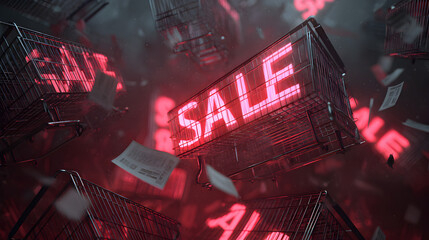 Black Friday shopping carts with glowing red neon sale sign and futuristic retail promotion background
