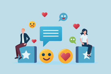 Diverse people interacting with social media icons and feedback symbols in a digital communication concept