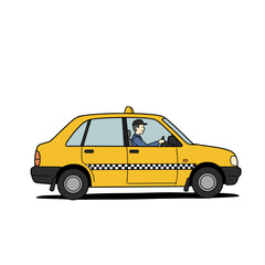 Yellow taxi cab with driver navigating city streets  