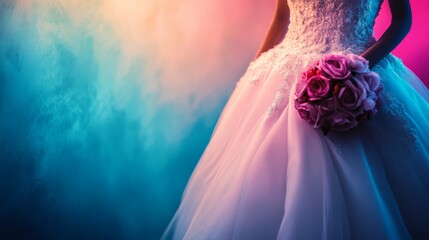 Create a close-up image of a white luxury bridal dress in the bottom view against a wall background, featuring neon tones, Place the subject on the right side with ample copy space on the left,