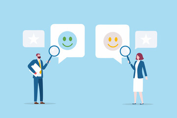 Business people analyzing customer feedback and satisfaction ratings with magnifying glasses and speech bubbles