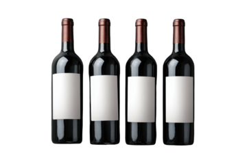 Four dark wine bottles with blank labels