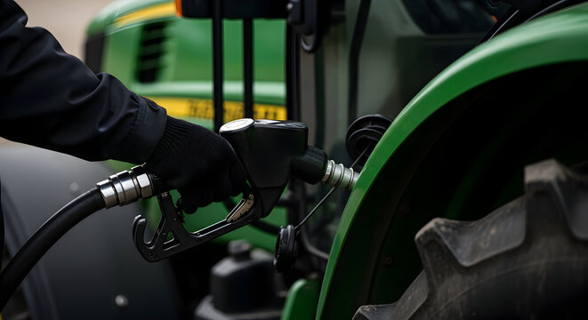 Close-up of a Gloved Hand Refueling a Green Agricultural Tractor with Diesel Fuel at a Farm Setting in Rural Landscape with Focus on Farming Technology and Equipment
