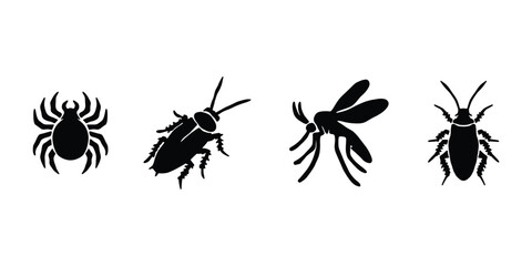 Insect Silhouette Vector. Spider, Mosquito, Cockroach Set. Bug Silhouette Collection, Pest Control Vector Pack
