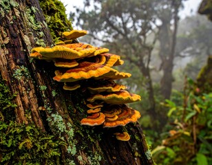 Colorful fungi on a mossy log in a misty forest
