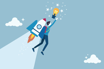 Man on a rocket backpack reaching for a glowing lightbulb idea among stars and clouds