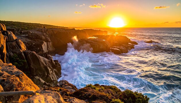 Vibrant sunset over a rocky coastline, waves crashing against the shore (4) - Powered by Adobe