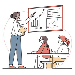 Illustration of a teacher presenting data to students in a classroom