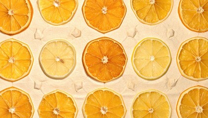 Satsuma peel pieces tessellated into a hex pattern on neutral sand tone refined citrus texture for editorial beverage menus and clean background design