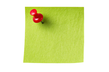Blank, vibrant lime green sticky note with red push pin