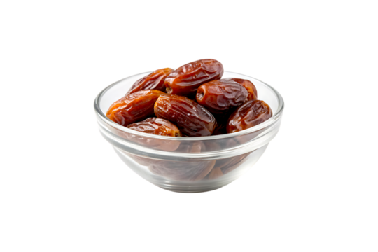 Dates in a glass bowl isolated on transparent background for healthy eating