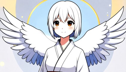 A serene anime-style girl with white hair, eyes of amber, and ethereal angel wings.