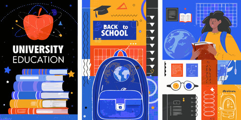 University education and back to school collage featuring books apple student and school supplies