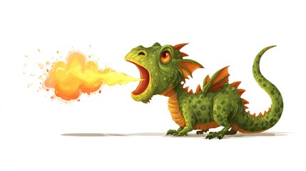 Cartoonish, little green dragon, wide-open mouth, erupting flame