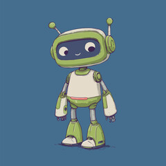 A friendly, cartoon-style robot with green and white colors stands on a solid blue background. It has a happy expression and small antennas on its head.