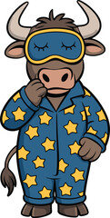 A Sleepy Cartoon Bull or Ox Wearing Star-Patterned Blue Pajamas and a Sleeping Mask, Ready for a Good Night's Rest and Dreaming Vector Character Illustration.