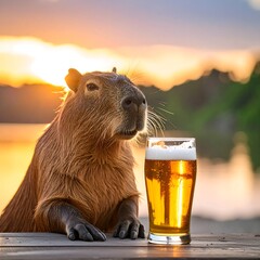 Capybara enjoying a beer at sunset (1)