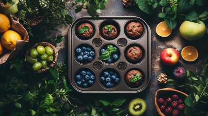 Muffin tin with healthy vegan blueberry muffins surrounded by fresh fruits greenery and natural decor for an Earth Day celebration emphasizing eco friendly ingredients and sustainable baking practices
