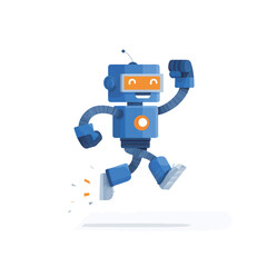 A vibrant, cheerful robot is jumping with excitement. Its blue body features a smiling face and playful design details, conveying a sense of happiness and energy.