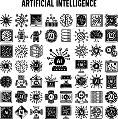 Artificial Intelligence (AI) Icons Set: Modern Black and White Line Art Symbols for Machine Learning, Robotics, Data, Brain, and Network Concepts