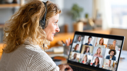 Smiling Professional Woman in Headset Attending Virtual Online Video Meeting