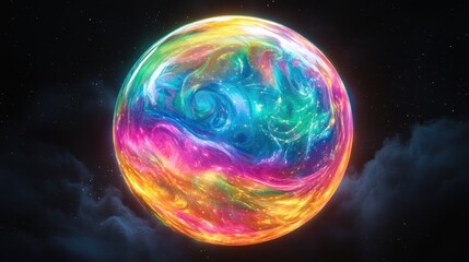 A vibrant, colorful sphere, swirling with neon hues against a dark starry background