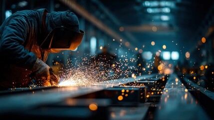 Industrial Welder at Work with Bright Sparks in Factory Setting