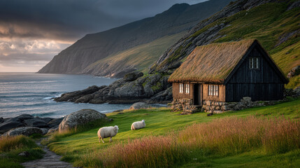 Traditional Cottage with Grass Roof and Sheep by Coastal Landscape
