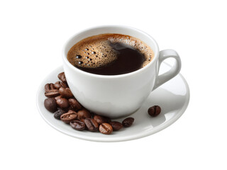 Fototapeta premium Aromatic coffee cup with roasted beans on saucer, Isolated On White Background, Png Transparent