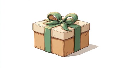 Obraz premium A charming, cartoonish illustration of a square gift box, light brown with a creamy top, adorned with a large, sage-green ribbon tied in a bow. A subtle shadow is cast below
