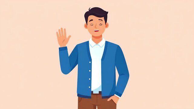 Friendly young man in a blue cardigan waving his hand in a welcoming gesture. Flat vector illustration of a cartoon character saying hello or goodbye