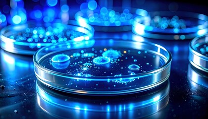 Petri dishes with cultures under blue light, suitable for science, research, microbiology, laboratory, innovation, technology, medical, biotechnology concepts.