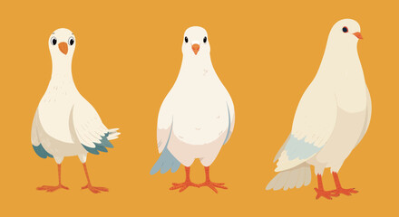Three cartoon-style pigeons are displayed in various poses, showcasing their distinctive features against a bright yellow backdrop.