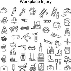 Workplace Injury and Safety Line Art Icons Set. Includes construction tools, PPE, hazards, accidents, and medical recovery symbols for safety awareness and health.
