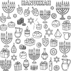 Hanukkah Doodles Collection: Hand-drawn black and white Jewish holiday symbols and items like menorahs, dreidels, sufganiyot, gifts, and candles, ideal for coloring.