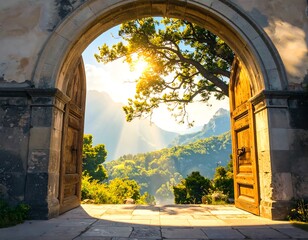 Ancient archway opens to sunlit mountain vista