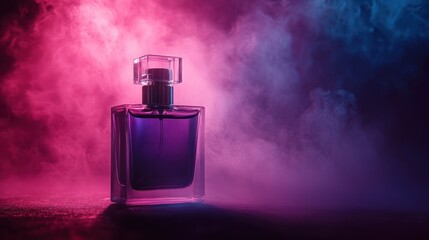 A perfume bottle in vibrant neon light, smoky background