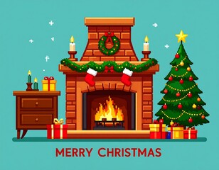 Pixel art Christmas fireplace scene with tree and gifts