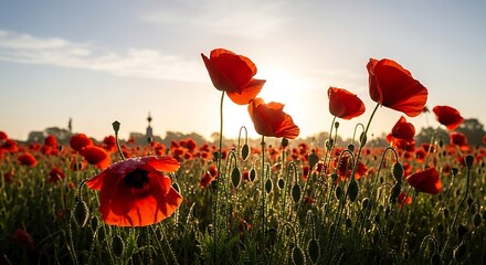 Obraz premium Red poppies field sunrise