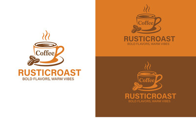 Rustic roast coffee logo design with steaming cup and beans