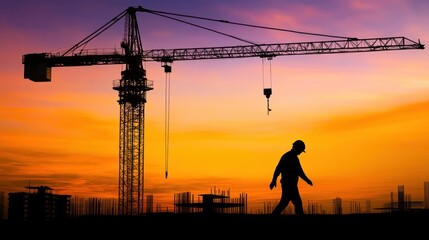 Silhouette of construction worker at sunset, crane in foreground